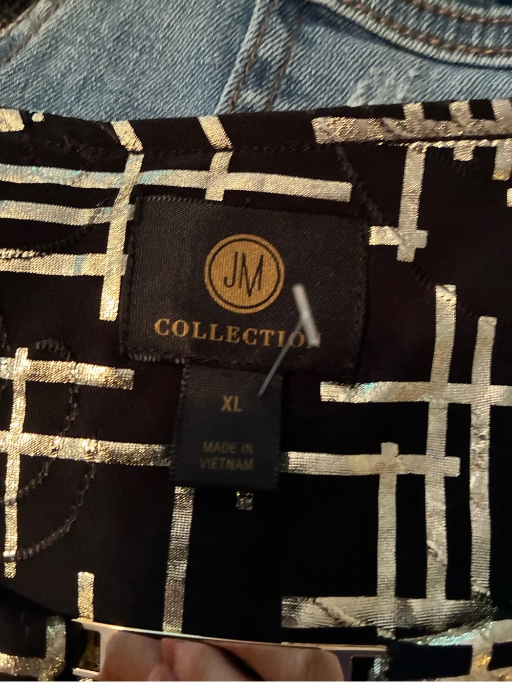 JM Collection Black 3/4 Sleeve Top with Gold Metallic Grid